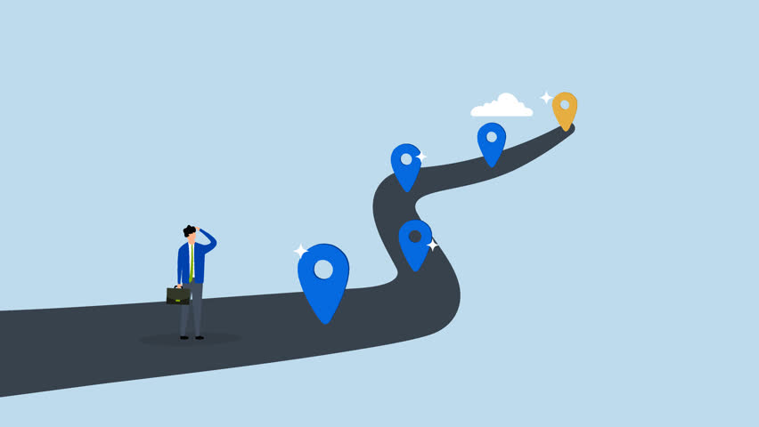 Success roadmap journey, 4k animation of businessman look at achievement milestone to success.