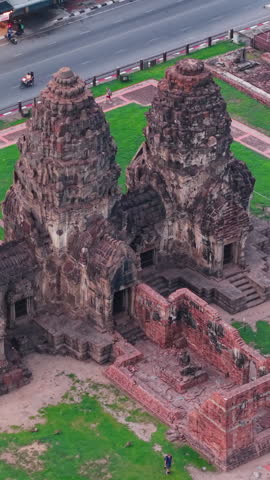 Aerial view of Phra Prang Sam Yod an ancient Khmer temple located in Lopburi province Thailand