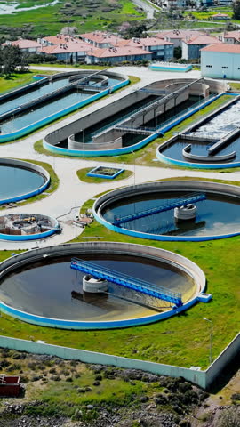 Sewage treatment plant, ponds for recycling dirty wastewater, recycle system technology, waste management, Aerial footage