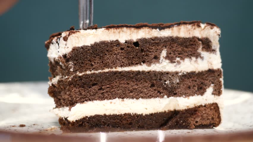 Delicious chocolate cake slice being served with a fork