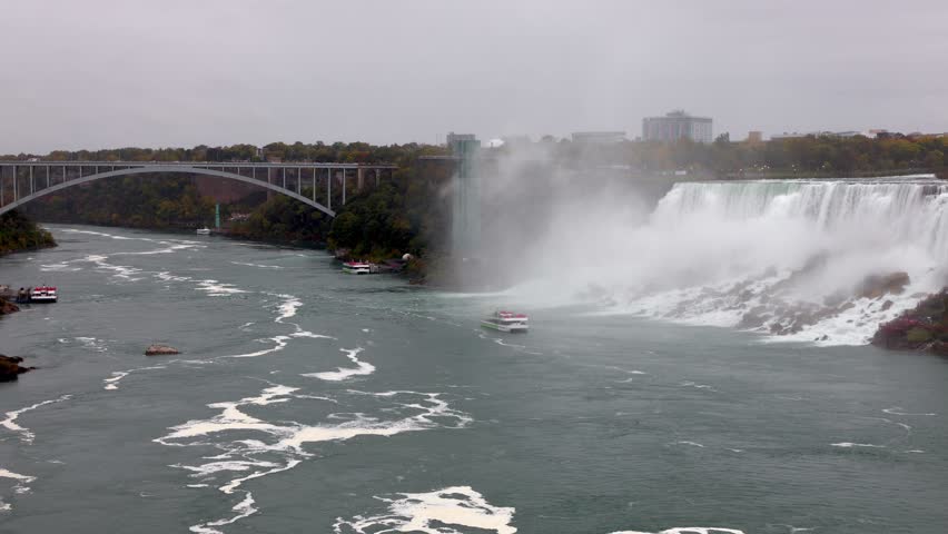 Niagara River and Rainbow International Bridge between the USA and Canada. Niagara Falls