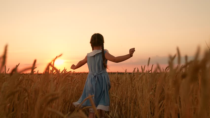 Girl running towards sky at sunset. Child girl running through yellow wheat field. Child dreams plays runs through wheat field. Teenage girl plays in countryside. Child dream, travel nature. Childhood