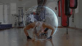 trainer kneeling guiding female athlete performing push-ups in gym, displaying numeric overlays. Fitness, training, digital, strength, determination, wellness, sport - Powered by Shutterstock - Get 15% off with code: PIKWIZARD15