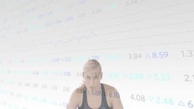 Woman lifting barbell overhead in fitness tech scene, with floating line graphs and numeric data. Strength, fitness, technology, data visualization, performance, training, sportswear - Powered by Shutterstock - Get 15% off with code: PIKWIZARD15