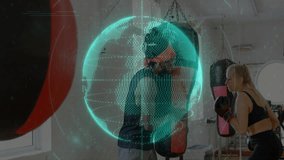 Male trainer guiding female trainee through boxing training in gym, with floating code overlay. Fitness, technology, coaching, strength, digital, innovation, performance - Powered by Shutterstock - Get 15% off with code: PIKWIZARD15