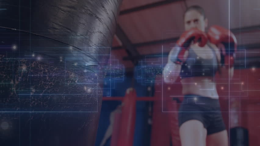 female boxer punching bag in boxing ring, with glowing circuit overlay showing fitness technology. Athletic, strength, wellness, digital, modern, training, fitness - Powered by Shutterstock - Get 15% off with code: PIKWIZARD15