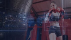 female boxer punching bag in boxing ring, with glowing circuit overlay showing fitness technology. Athletic, strength, wellness, digital, modern, training, fitness - Powered by Shutterstock - Get 15% off with code: PIKWIZARD15