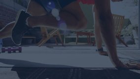 Man performing plank on gray rug in living room displaying animated financial graphs and bar charts. Fitness, technology, innovation, health, modern, workspace, motivation - Powered by Shutterstock - Get 15% off with code: PIKWIZARD15