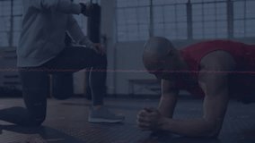 fitness trainer kneeling checking smartwatch, client holding forearm plank in gym with data overlay. Health, wellness, strength, training, technology, motivation, sport - Powered by Shutterstock - Get 15% off with code: PIKWIZARD15