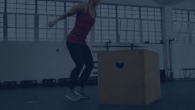 woman jumping over plyometric box inside gym, overlaying faint stock market graphs and candlesticks. Fitness, training, health, workout, motivation, innovation, dynamic - Powered by Shutterstock - Get 15% off with code: PIKWIZARD15