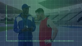 Coach and athlete reviewing sports performance on track, showing grid and chart overlay. Athletics, coaching, training, visualization, analysis, competition, discipline - Powered by Shutterstock - Get 15% off with code: PIKWIZARD15
