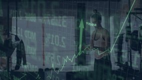 Female lifter preparing squat under barbell at gym, male coach observing overlaid finance charts. Strength, motivation, analytics, fitness, teamwork, health, innovation - Powered by Shutterstock - Get 15% off with code: PIKWIZARD15