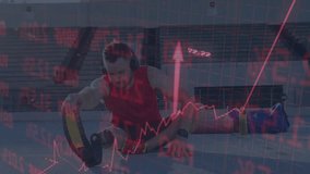 male athlete stretching prosthetic leg on concrete, overlaying red stock chart graphics. Fitness, endurance, technology, motivation, resilience, outdoor, performance - Powered by Shutterstock - Get 15% off with code: PIKWIZARD15