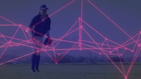 female athlete lunging on grass field, highlighting neon-pink network nodes for technology. Athlete, sports, motion, dynamic, futuristic, outdoor, training - Powered by Shutterstock - Get 15% off with code: PIKWIZARD15