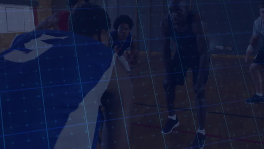Six male players dribbling basketball on gym court displaying tech grid and line chart overlays. Athletics, teamwork, competition, progress, data, analysis, vigor - Powered by Shutterstock - Get 15% off with code: PIKWIZARD15
