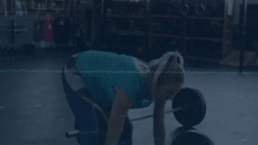 Female athlete jumping rope in gym, displaying fitness data waveform graph and holographic globe. Fitness, training, sport, technological, dynamic, motivation, movement - Powered by Shutterstock - Get 15% off with code: PIKWIZARD15