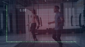 Two gym-goers jumping rope in bright fitness studio, displaying green line chart overlay. Fitness, strength, cardio, training, endurance, motivation, health - Powered by Shutterstock - Get 15% off with code: PIKWIZARD15