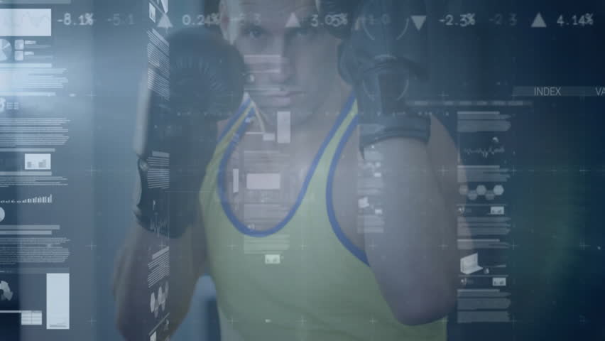 Boxer punching in gym with boxing gloves, with floating fitness analytics charts displaying data. Athlete, data visualization, futuristic, performance, strength, technology, training - Powered by Shutterstock - Get 15% off with code: PIKWIZARD15