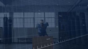 fitness trainer performing box jump inside gym, showing grid overlay with green performance chart. Athletic, training, performance, modern, motivation, strength, cardio - Powered by Shutterstock - Get 15% off with code: PIKWIZARD15