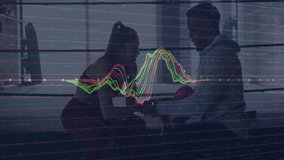 Trainer wrapping boxer's hands on gym mat in fitness tech scene showing candlestick charts. Sports, strength, coaching, fitness, training, performance, analytics - Powered by Shutterstock - Get 15% off with code: PIKWIZARD15