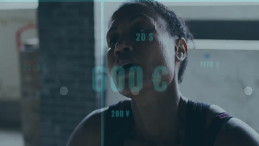 woman analyzing financial data in tech loft, displaying digital bar graphs and currency symbols. Financial, analytics, modern, technology, professional, data, interface - Powered by Shutterstock - Get 15% off with code: PIKWIZARD15