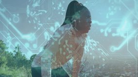 woman wearing wireless earbuds leaning on dirt trail showing digital overlay for fitness technology. Athlete, wellness, innovation, outdoor, activewear, fitness, digital - Powered by Shutterstock - Get 15% off with code: PIKWIZARD15