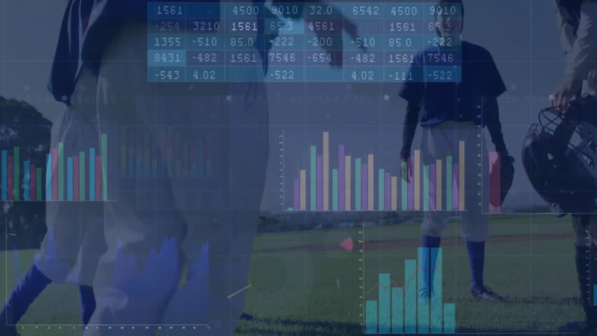 Softball team celebrating high-fives on grassy field, displaying finance bar charts and line graphs. Team, camaraderie, celebration, outdoor, vibrant, success, collaboration