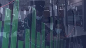 Co-workers leaning over desk in business office, displaying green bars and multicolor line graphs. Data visualization, teamwork, analytics, digital workspace, corporate, professional, modern design - Powered by Shutterstock - Get 15% off with code: PIKWIZARD15