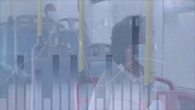 Mid adult woman wearing mask sitting on bus, showing transport data bar charts floating over seats. Public transit, urban commuting, passenger safety, data visualization, interior design, - Powered by Shutterstock - Get 15% off with code: PIKWIZARD15