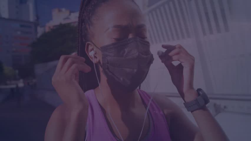 Woman adjusting earphones outdoors, interacting with health tech holographic brain and DNA helix. Futuristic, innovation, wellness, interface, connectivity, vitality, digital - Powered by Shutterstock - Get 15% off with code: PIKWIZARD15