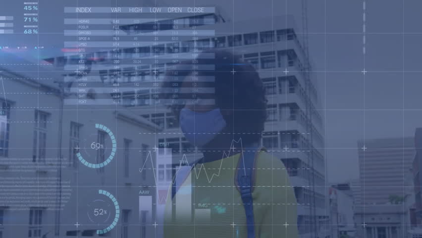 Female student raising hand in campus courtyard, interacting with virtual education charts and maps. Technology, analytics, urban, futuristic, education, innovation, data visualization - Powered by Shutterstock - Get 15% off with code: PIKWIZARD15