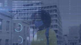 Female student raising hand in campus courtyard, interacting with virtual education charts and maps. Technology, analytics, urban, futuristic, education, innovation, data visualization - Powered by Shutterstock - Get 15% off with code: PIKWIZARD15