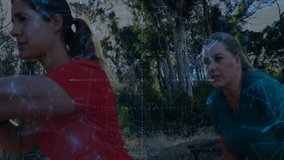 Three women hikers walking forest trail, using smartphone with floating code overlay in technology. Nature, adventure, digital, futuristic, outdoors, technology, hydration - Powered by Shutterstock - Get 15% off with code: PIKWIZARD15
