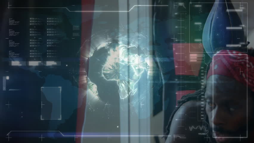 Field technician analyzing holographic globe in tech center, displaying data charts and crosshairs. Futuristic, technology, cybersecurity, innovation, intelligence, digital, interface - Powered by Shutterstock - Get 15% off with code: PIKWIZARD15