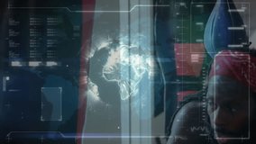 Field technician analyzing holographic globe in tech center, displaying data charts and crosshairs. Futuristic, technology, cybersecurity, innovation, intelligence, digital, interface - Powered by Shutterstock - Get 15% off with code: PIKWIZARD15