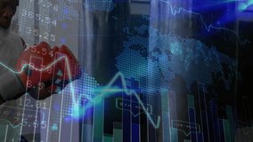 Man punching bag in gym while streaming teal financial charts candlesticks and world map overlay. Fitness, analytics, technology, competition, strength, innovation, resilience - Powered by Shutterstock - Get 15% off with code: PIKWIZARD15