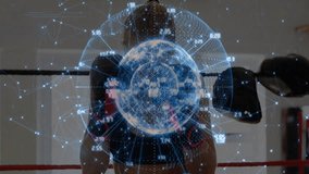 Woman boxing in ring wearing VR headset and gloves, exploring technology with holographic globe. Futuristic, immersive, digital, innovation, sport, training, virtual - Powered by Shutterstock - Get 15% off with code: PIKWIZARD15