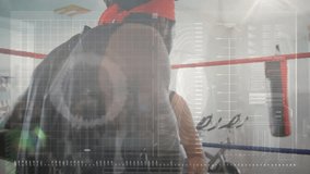 female boxer training with male coach inside ring, HUD graphics showing sports analytics data. Athlete, mentor, equipment, technology, fitness, motivation, innovation - Powered by Shutterstock - Get 15% off with code: PIKWIZARD15