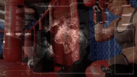 Female boxer kneeling in red gloves at MMA gym, showing sports tech HUD scanning metrics. Athletic, strength, determination, training, fitness, technology, modern - Powered by Shutterstock - Get 15% off with code: PIKWIZARD15