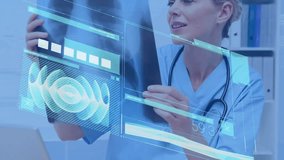 Female doctor reviewing medical data in clinic, with animated charts, waveforms and X-ray overlay. Clinical, futuristic, tech-savvy, professional, innovative, digital, healthcare - Powered by Shutterstock - Get 15% off with code: PIKWIZARD15
