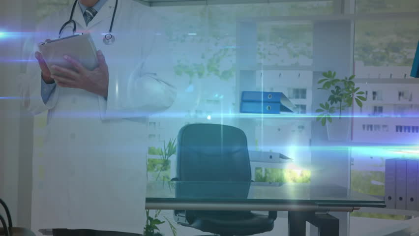 Doctor holding tablet in modern medical office, featuring translucent digital network overlay. Professional, healthcare, technology, innovation, modern, corporate, diagnostic