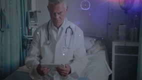 male doctor sitting on hospital bed using tablet, showing digital network overlay for health. Medical professional, healthcare, technology, clinical, supervision, wellness, medical tools - Powered by Shutterstock - Get 15% off with code: PIKWIZARD15
