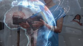 female nurse with tablet and male doctor reviewing digital globe and healthcare data above bed. Medical team, healthcare, data visualization, clinical, diagnostic, professional, technological - Powered by Shutterstock - Get 15% off with code: PIKWIZARD15