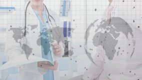 Doctor consulting patient in medical office, showing digital dotted world map overlay on screen. Healthcare, telemedicine, digital, professionalism, consultation, technology, wellness - Powered by Shutterstock - Get 15% off with code: PIKWIZARD15