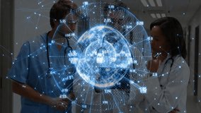 medical team examining holographic globe in hospital corridor, interacting with streaming code data. Healthcare, telemedicine, technology, innovation, collaboration, futurism, digital - Powered by Shutterstock - Get 15% off with code: PIKWIZARD15