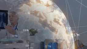 Doctor and patient examining X-ray film in medical room, displaying digital globe with network data. Medical, healthcare, diagnostics, technology, professionalism, analysis, modern - Powered by Shutterstock - Get 15% off with code: PIKWIZARD15