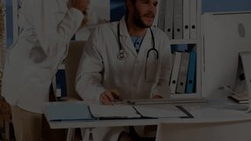 Doctors leaning over computer monitor in clinic, showing animated world map overlay and spine model. Medical, healthcare, teamwork, professional, diagnostic, technology, clinical - Powered by Shutterstock - Get 15% off with code: PIKWIZARD15