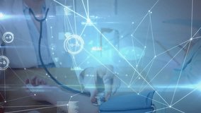 female doctor consulting patient in clinic, overlaying digital interface with graphs, stethoscope. Healthcare, telemedicine, technology, professionalism, diagnostics, modern, communication - Powered by Shutterstock - Get 15% off with code: PIKWIZARD15