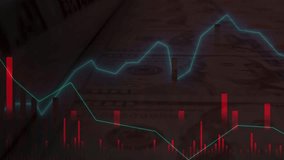 Financial chart with blue trend lines showing market fluctuations and data visualization. Close up view of US dollars press machine printing 100 USD banknotes - Powered by Shutterstock - Get 15% off with code: PIKWIZARD15