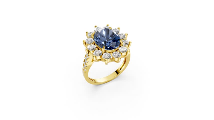 3D render of a luxurious yellow gold ring with blue sapphire and diamond halo, inspired by Lady Diana. Ideal for elegant jewelry visuals and wedding promotions.